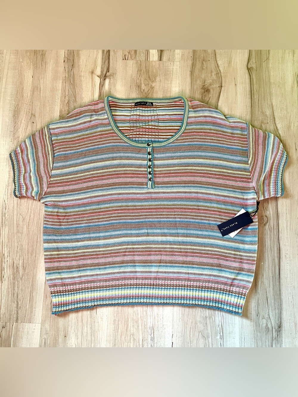 Black Tape Coral and Sage Striped Knit Short Sleeve sweater Top, size XL